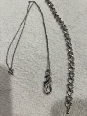 Sterling Silver Heart Link Bracelet & Pendant Necklace Set